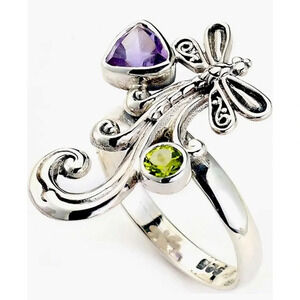 SAMUEL B. Sterling Silver Bezel Set Amethyst & Peridot Dragonfly Ring, Size 7